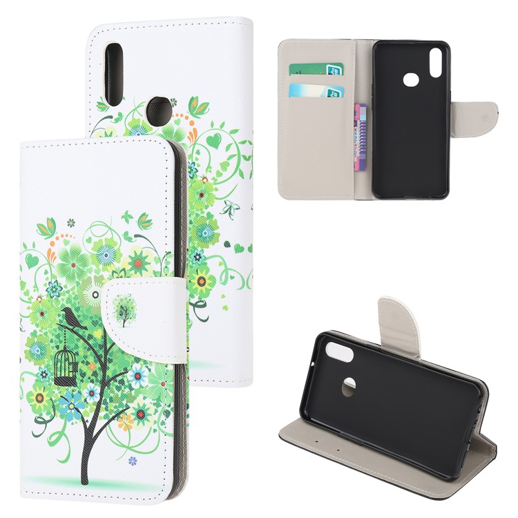 Pattern Printing Wallet Flip Leather Phone Cover for Samsung Galaxy A10s - Green Tree with Birdcage-1