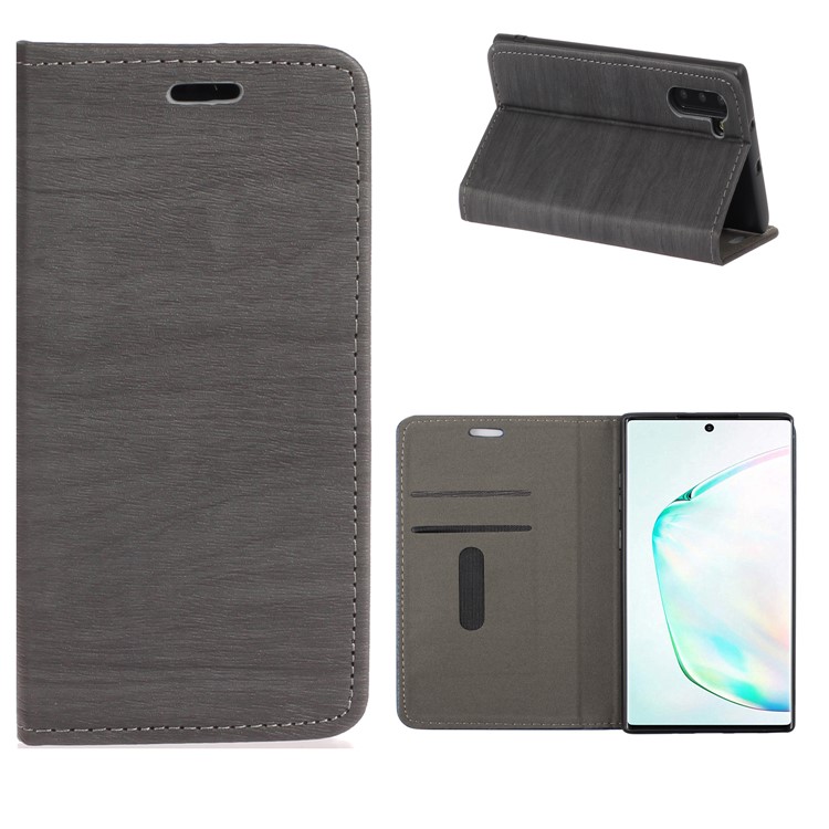 Wood Texture Auto-absorbed Flip Leather Stand Case with Card Slots for Samsung Galaxy Note 10/Note 10 5G - Grey-1