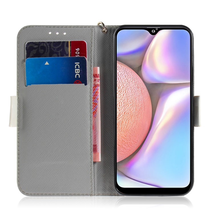 Light Spot Decor Pattern Printing Leather Wallet Shell with Strap for Samsung Galaxy A10s - White Flower-7