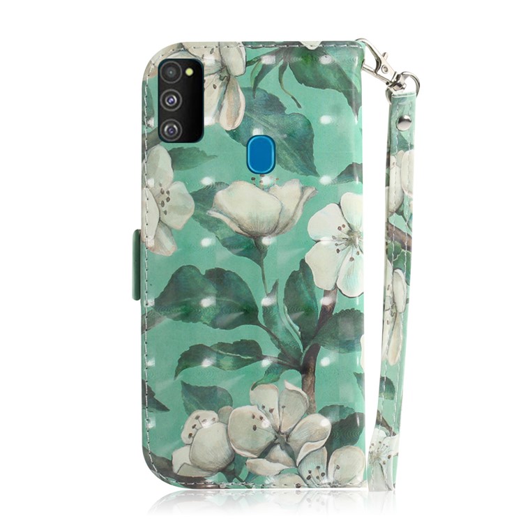 Light Spot Decor Pattern Printing Wallet Leather Phone Cover with Strap for Samsung Galaxy M30s - White Flower-3