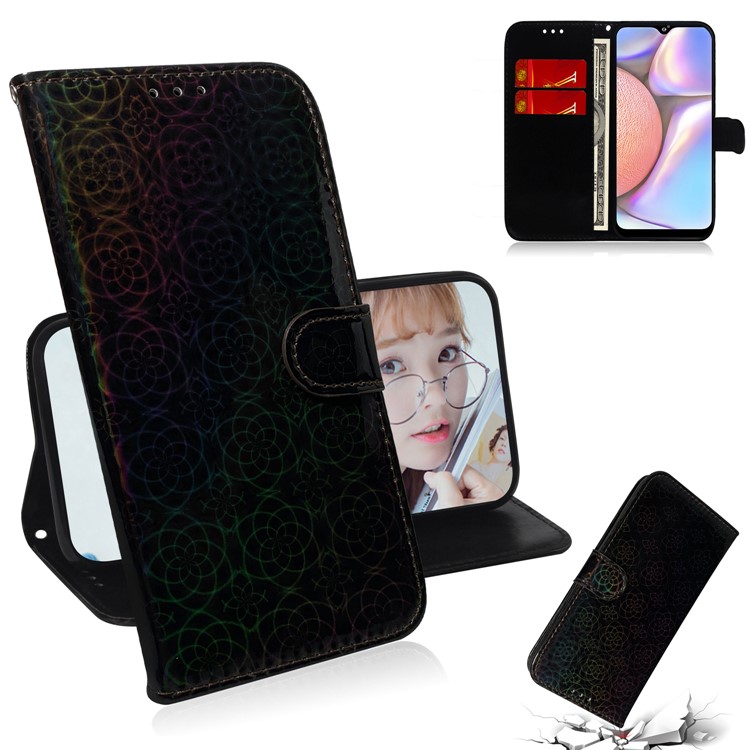 Pure Color Flower Pattern Leather Wallet Stand Phone Shell with Strap for Samsung Galaxy A10s - Black-1
