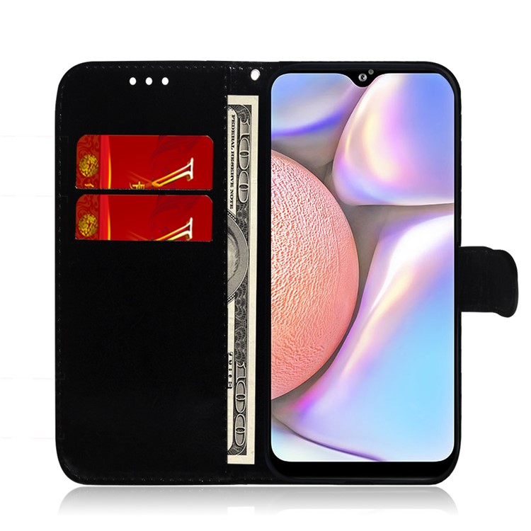 Pure Color Flower Pattern Leather Wallet Stand Phone Shell with Strap for Samsung Galaxy A10s - Black-8