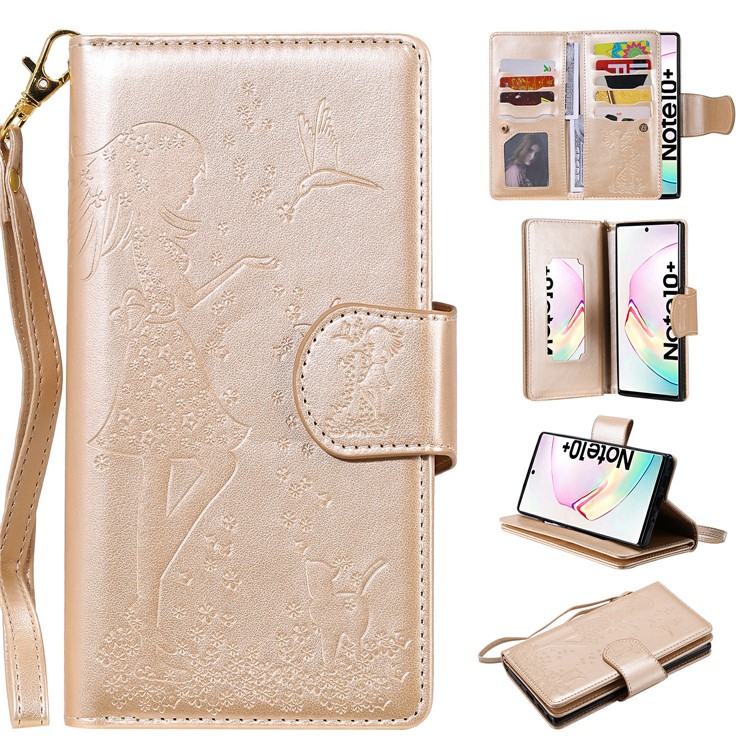 Imprinted Cat Lady Leather Shell with 9 Card Slots for Samsung Galaxy Note 10 Plus/Note 10 Plus 5G - Gold-1