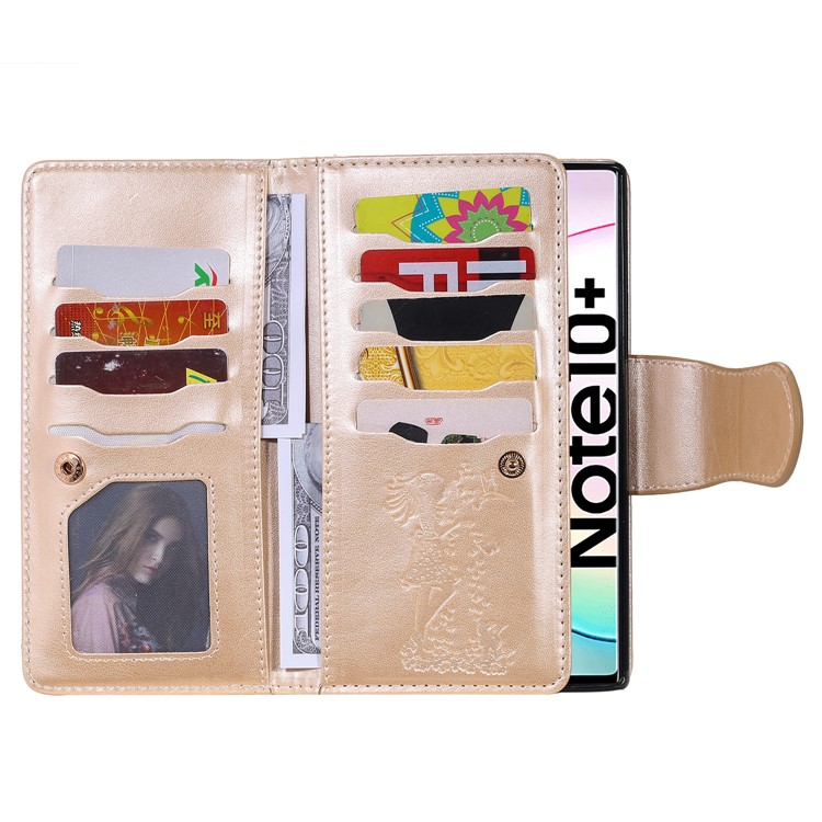 Imprinted Cat Lady Leather Shell with 9 Card Slots for Samsung Galaxy Note 10 Plus/Note 10 Plus 5G - Gold-4