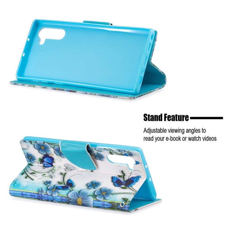 Pattern Printing Leather Stand Wallet Phone Shell for Samsung Galaxy Note 10/Note 10 5G - Blue Flower and Butterfly-5