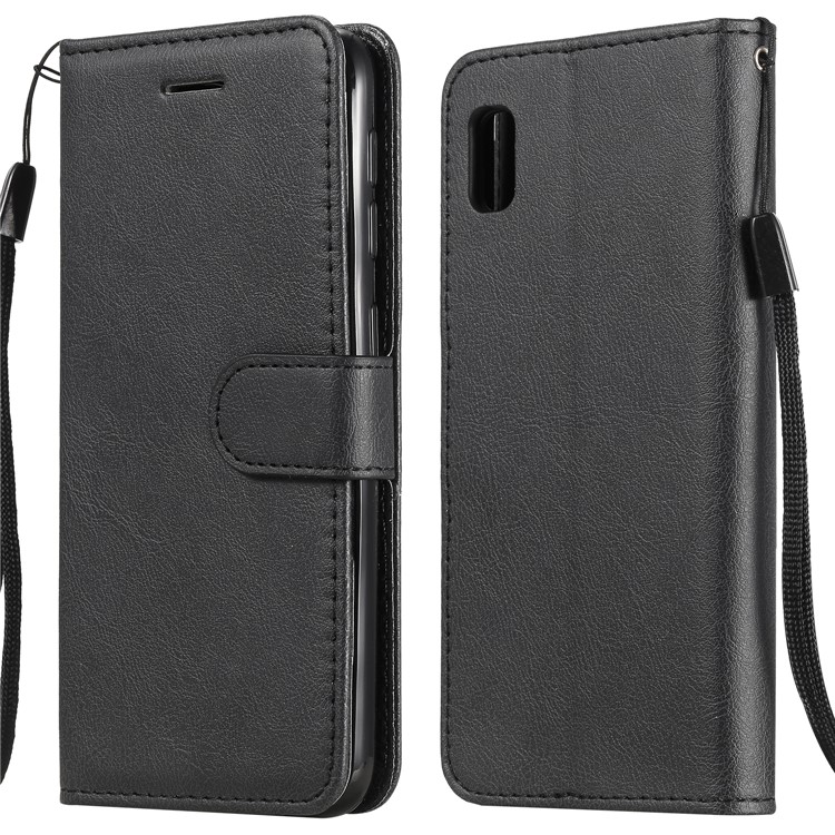 Solid Color Wallet Stand Flip Leather Case with Lanyard for Samsung Galaxy A10e - Black-1