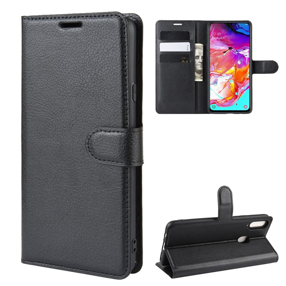 Litchi Skin Wallet Leather Stand Phone Top Para Samsung Galaxy A20s - Preto