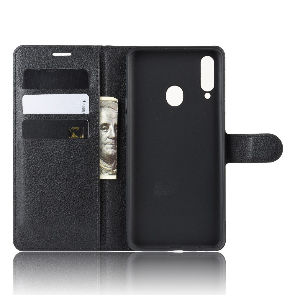 Litchi Skin Wallet Leather Stand Phone Cover for Samsung Galaxy A20s - Black-5