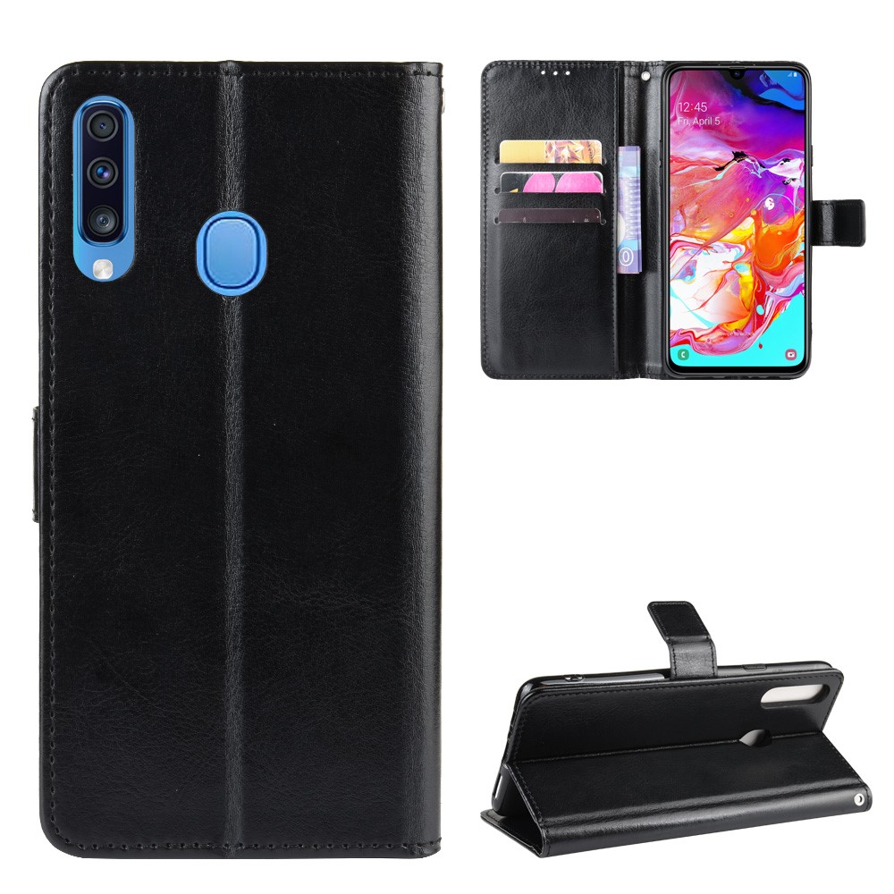 Crazy Horse Skin Wallet Leather Protective Cover with Stand for Samsung Galaxy A20s - Black-1