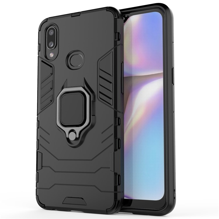 Cool Guard Ring Holder Kickstand Plastic TPU Combo Case for Samsung Galaxy A10s - Black-2