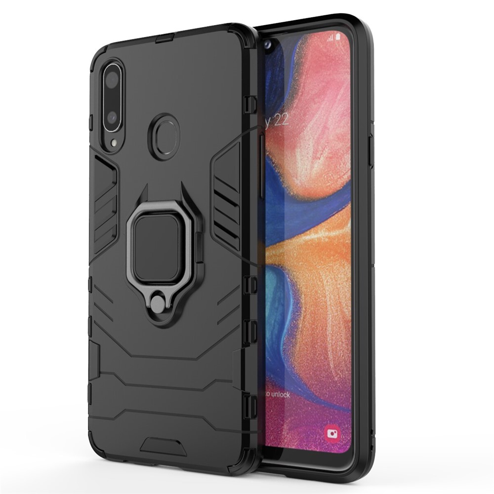 Cool Guard Finger Ring Kickstand PC + TPU Hybrid -schutzhülle Für Samsung Galaxy A20s - Schwarz