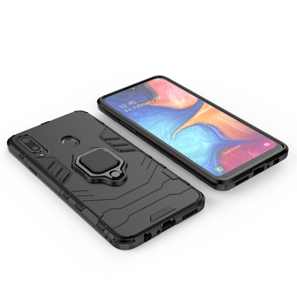 Cool Guard Finger Ring Kickstand PC + TPU Hybrid -schutzhülle Für Samsung Galaxy A20s - Schwarz