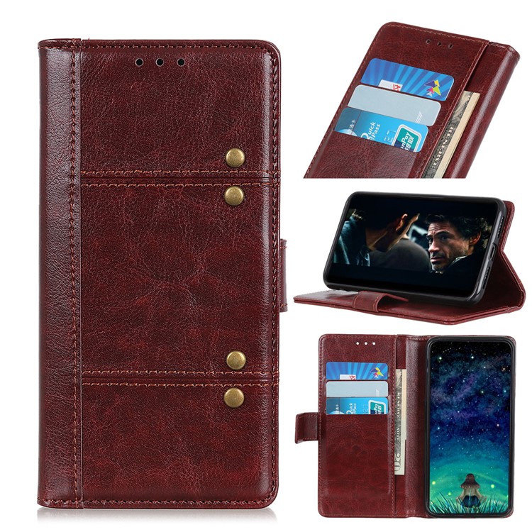 Rivet Decor Crazy Horse Texture Wallet Stand Leather Covering for Samsung Galaxy A90 5G - Brown-1