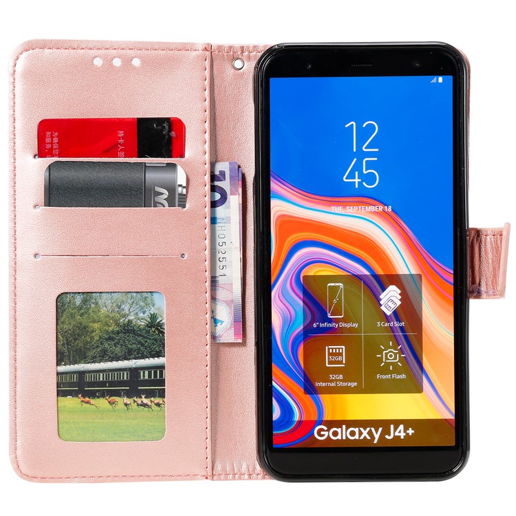 Imprint Flower Leather Wallet Cell Phone Casing for Samsung Galaxy J4+ - Rose Gold-3