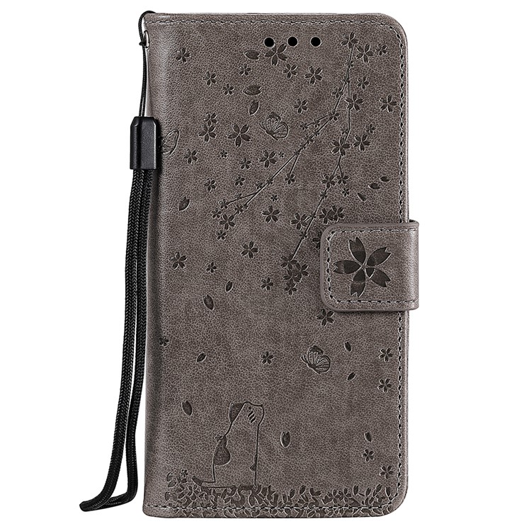 Imprint Flower and Cat Flip Leather Wallet Phone Casing for Samsung Galaxy J6 (2018) - Grey-1