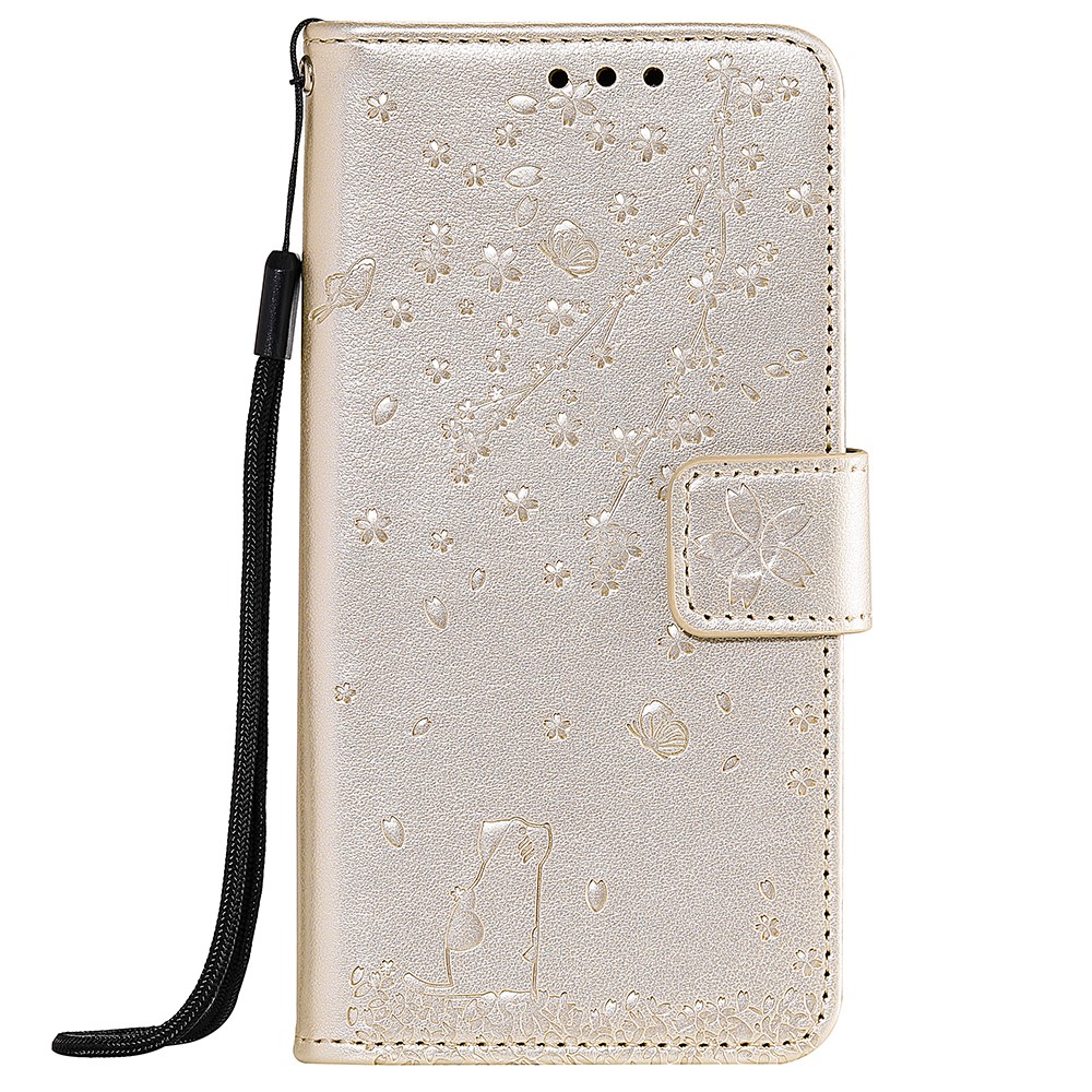 Imprint Sakura Cat Cell Phone Leather Wallet Case for Samsung Galaxy S10e - Gold