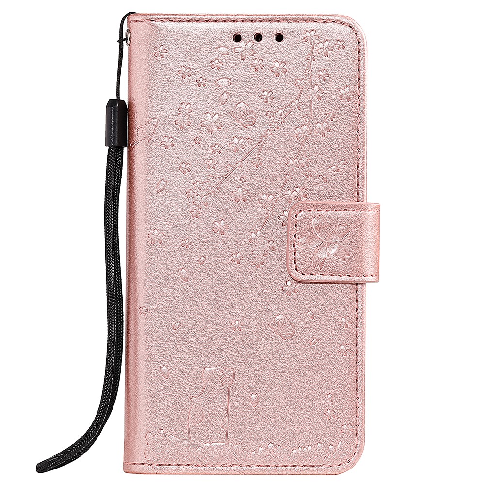 Imprint Sakura Cat Cell Phone Leather Wallet Case for Samsung Galaxy S10e - Rose Gold