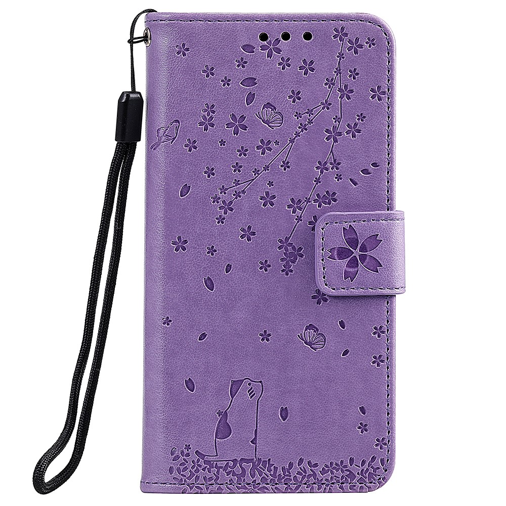 Imprint Sakura Cat Cell Phone Leather Wallet Case for Samsung Galaxy S10e - Purple