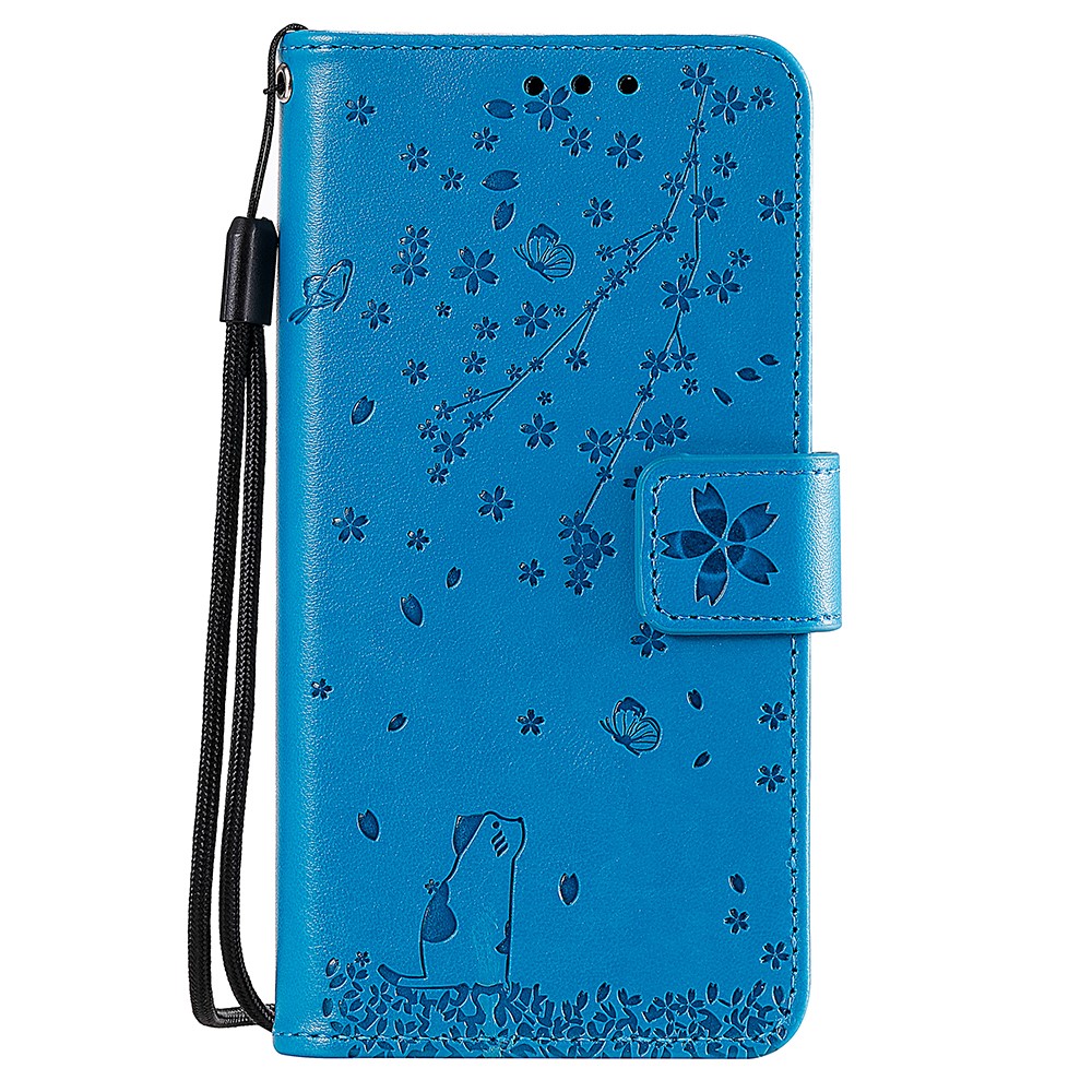 Imprint Sakura Cat Cell Phone Leather Wallet Case for Samsung Galaxy S10e - Blue