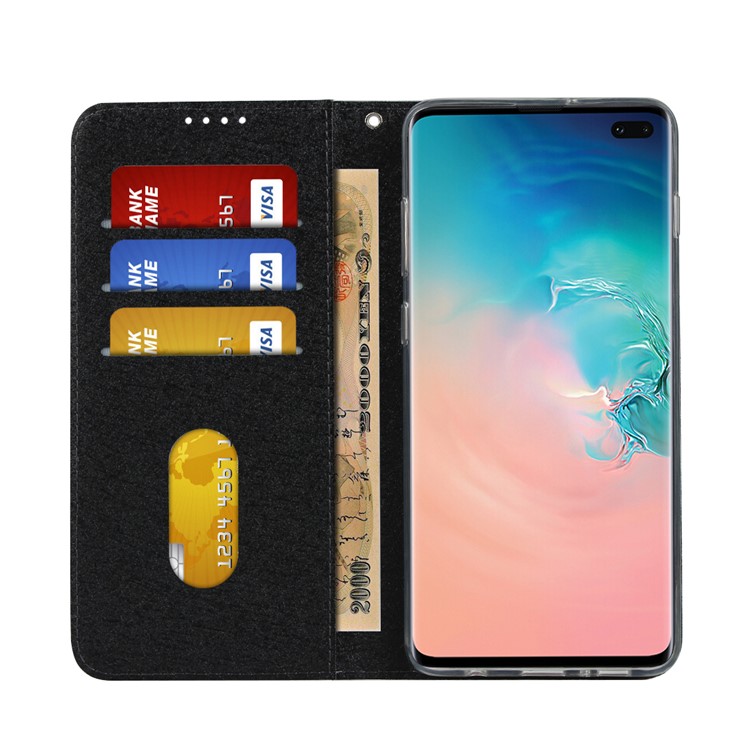 Textura De Seda Ficar Estojo De Couro Carteira Com Cordão Para Samsung Galaxy S10 Mais - Preto-5