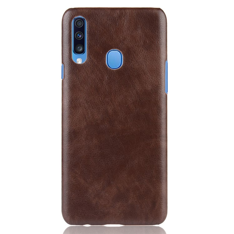 Litchi Surface Leather Coated Hard PC Case for Samsung Galaxy A20s - Coffee-2