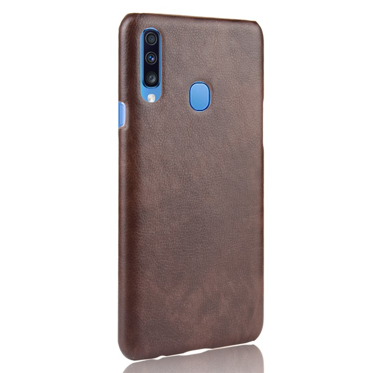 Litchi Surface Leather Coated Hard PC Case for Samsung Galaxy A20s - Coffee-3