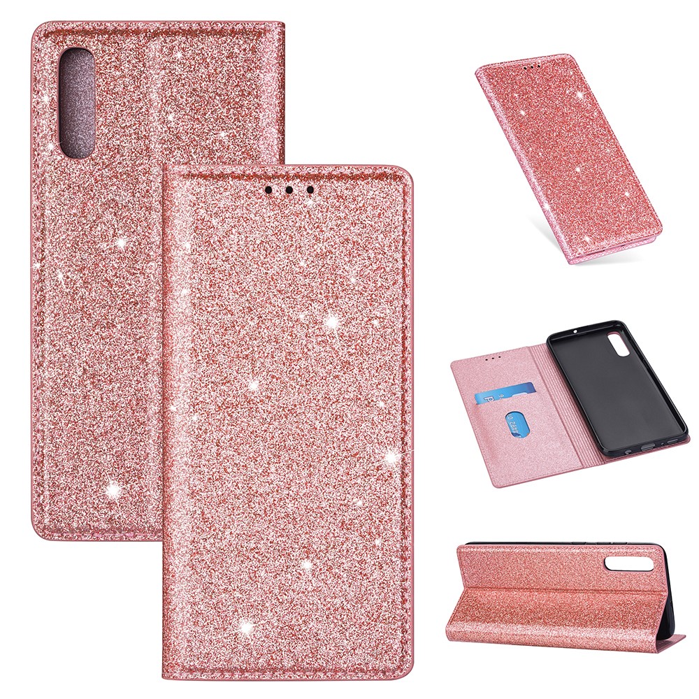 Flash Powder Leather Stand Case with Card Slot for Samsung Galaxy A50 - Rose Gold-1