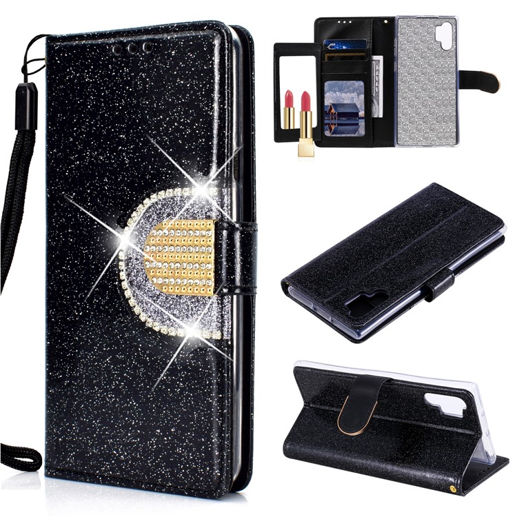 Glittery Powder Rhinestone Splicing Wallet Mirror Leather Case for Samsung Galaxy Note 10 Plus/Note 10 Plus 5G - Black-1