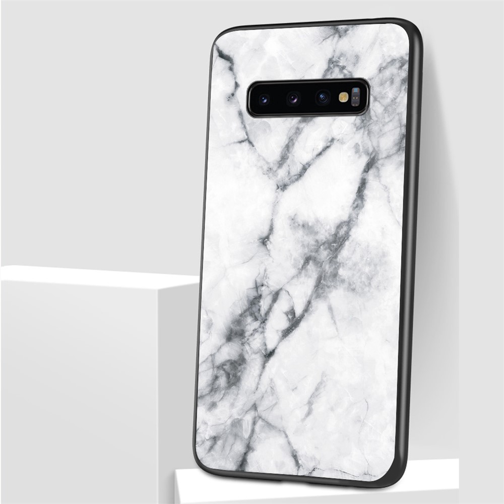 Marble Pattern Tempered Glass Back Phone Hybrid Case Shell for Samsung Galaxy S10 5G - White