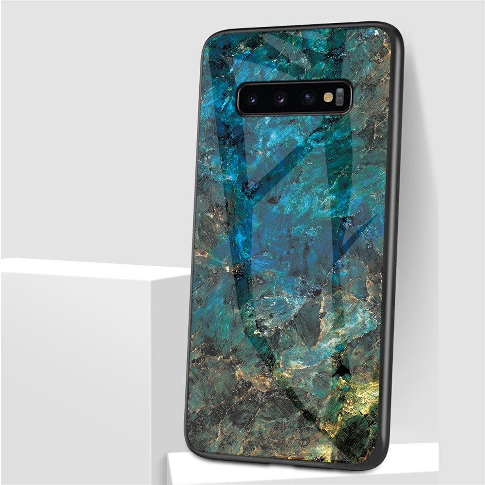 Marble Pattern Tempered Glass Back Phone Hybrid Case Shell for Samsung Galaxy S10 5G - Emerald