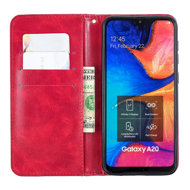 Pure Color Leather Wallet Stand Mobile Cell Cover for Samsung Galaxy A30 / A20 - Red-7