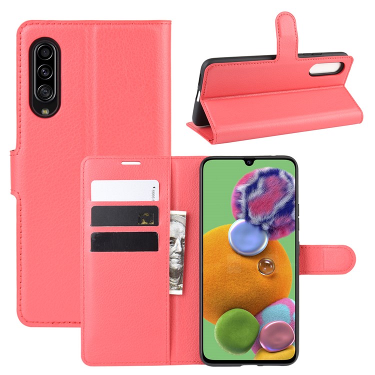 Litchi Skin Wallet Leather Stand Cover Case for Samsung Galaxy A90 5G - Red-1
