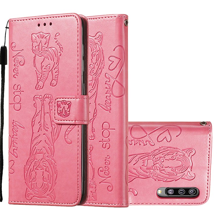 Imprint Tiger Leather Wallet Stand Mobile Phone Cover Case with Lanyard for Samsung Galaxy A50 / A50s / A30s - Pink-3