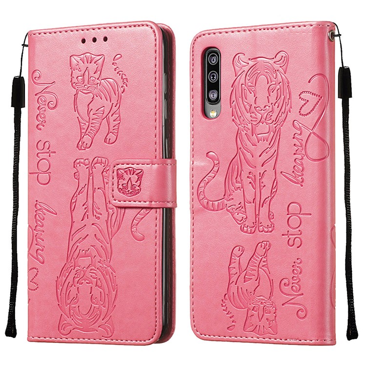 Imprint Tiger Leather Wallet Stand Mobile Phone Cover Case with Lanyard for Samsung Galaxy A50 / A50s / A30s - Pink-4