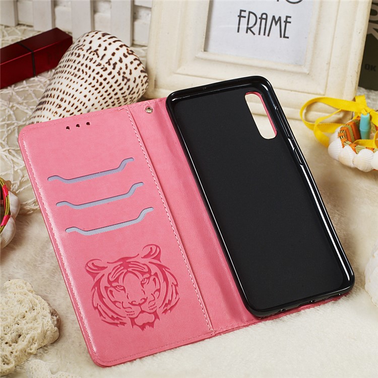 Imprint Tiger Leather Wallet Stand Mobile Phone Cover Case with Lanyard for Samsung Galaxy A50 / A50s / A30s - Pink-8