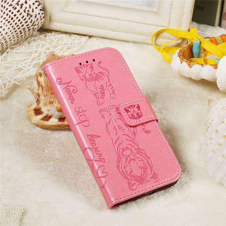 Imprint Tiger Leather Wallet Stand Mobile Phone Cover Case with Lanyard for Samsung Galaxy A50 / A50s / A30s - Pink-9