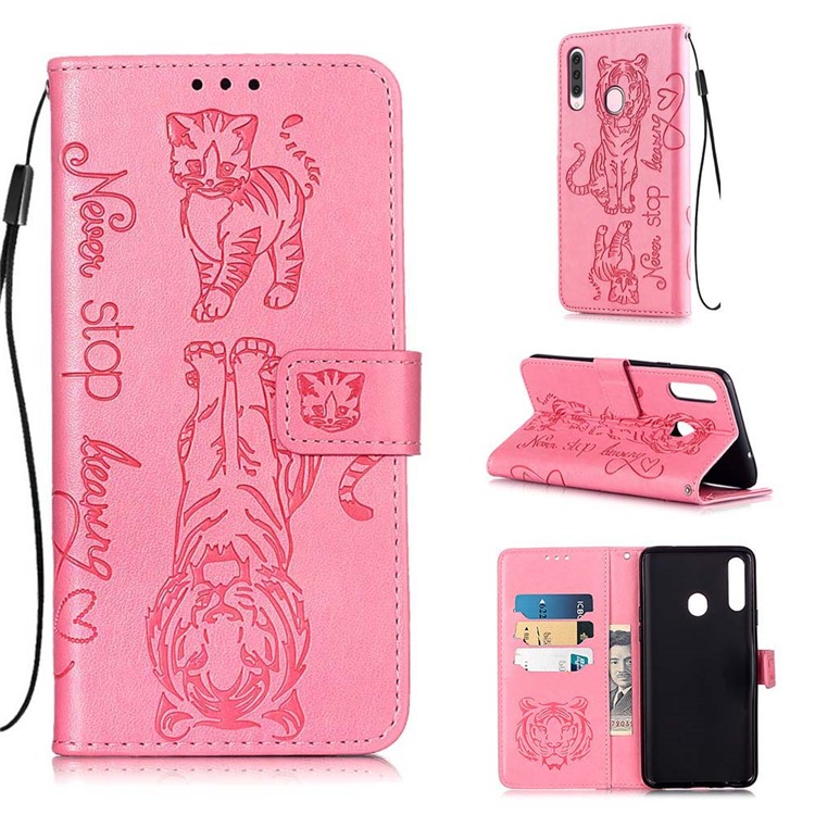 Imprint Tiger Leather Wallet Stand Mobile Phone Cover Case with Lanyard for Samsung Galaxy A20s - Pink-1