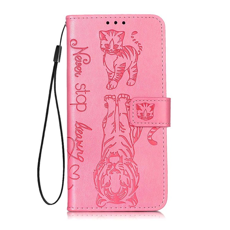 Imprint Tiger Leather Wallet Stand Mobile Phone Cover Case with Lanyard for Samsung Galaxy A20s - Pink-2