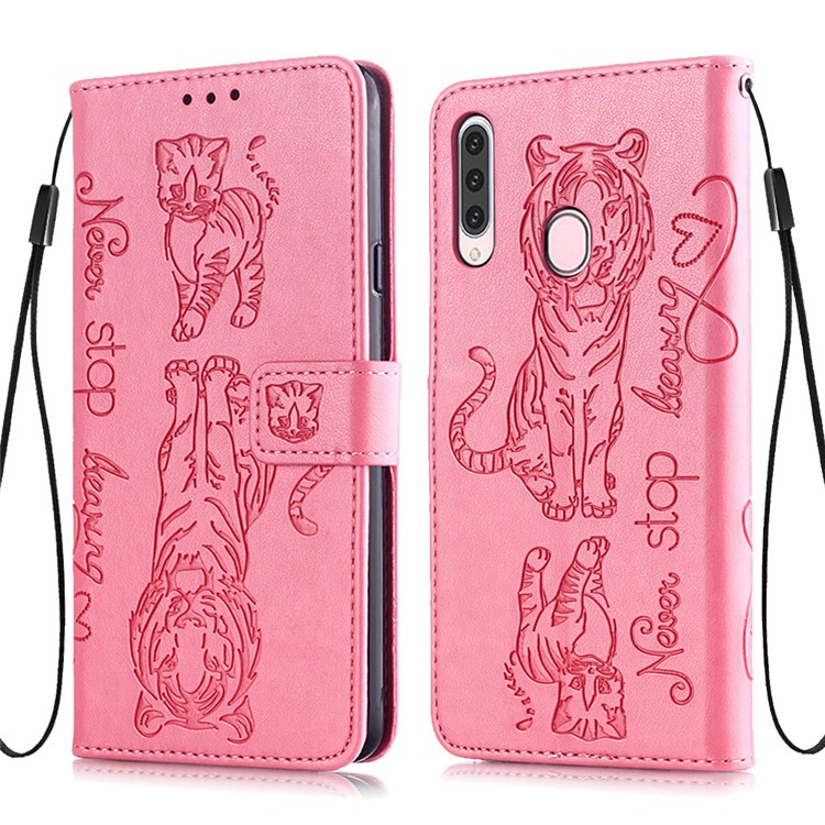 Imprint Tiger Leather Wallet Stand Mobile Phone Cover Case with Lanyard for Samsung Galaxy A20s - Pink-4