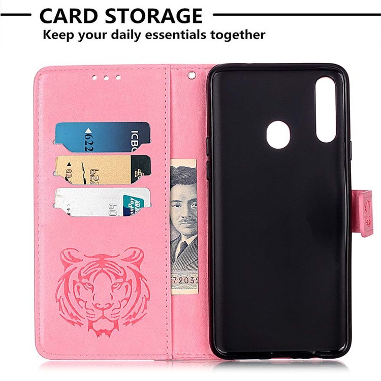 Imprint Tiger Leather Wallet Stand Mobile Phone Cover Case with Lanyard for Samsung Galaxy A20s - Pink-6