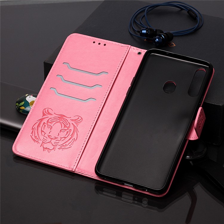 Imprint Tiger Leather Wallet Stand Mobile Phone Cover Case with Lanyard for Samsung Galaxy A20s - Pink-9