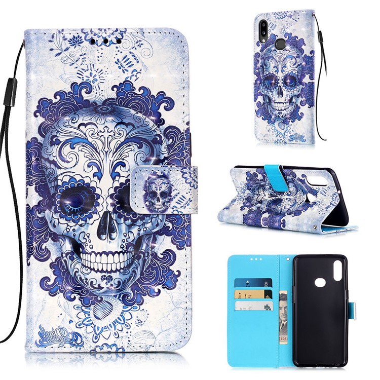 Light Spot Decor Pattern Printing Leather Wallet Stand Phone Cover for Samsung Galaxy A10s - Purple Skull-1