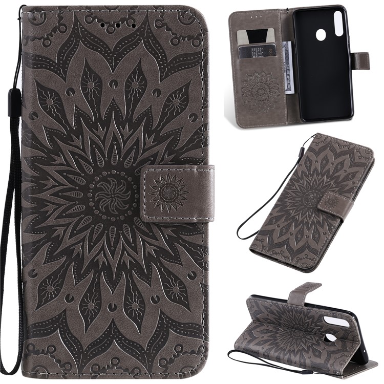 Motif De Tournesol Empreinte Portefeuille Support Couverture En Cuir Avec Rabat Cordon Pour Samsung Galaxy A20S - Gris-1
