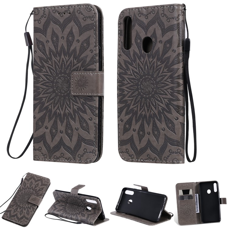 Motif De Tournesol Empreinte Portefeuille Support Couverture En Cuir Avec Rabat Cordon Pour Samsung Galaxy A20S - Gris-11