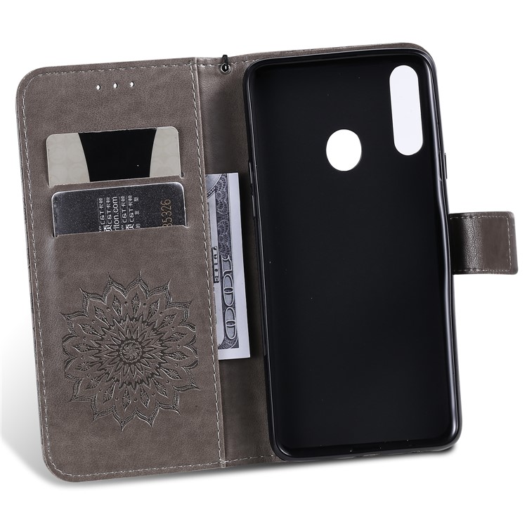 Motif De Tournesol Empreinte Portefeuille Support Couverture En Cuir Avec Rabat Cordon Pour Samsung Galaxy A20S - Gris-6