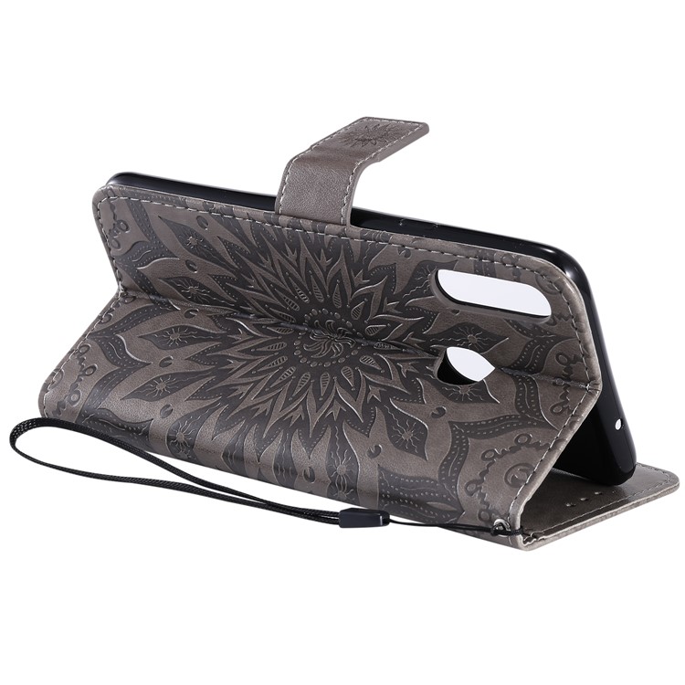 Motif De Tournesol Empreinte Portefeuille Support Couverture En Cuir Avec Rabat Cordon Pour Samsung Galaxy A20S - Gris-9