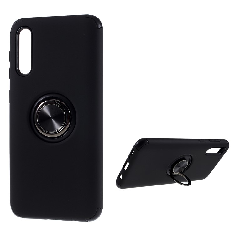 Finger Ring Kickstand Detachable PC + TPU Hybrid Case with Metal Sheet Cover for Samsung Galaxy A50/A50s/A30s - All Black-1