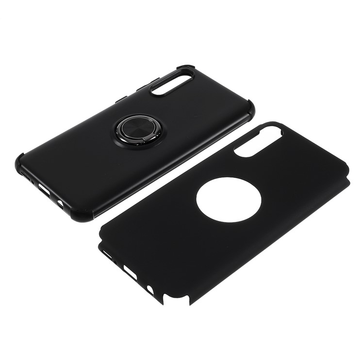 Finger Ring Kickstand Detachable PC + TPU Hybrid Case with Metal Sheet Cover for Samsung Galaxy A50/A50s/A30s - All Black-7