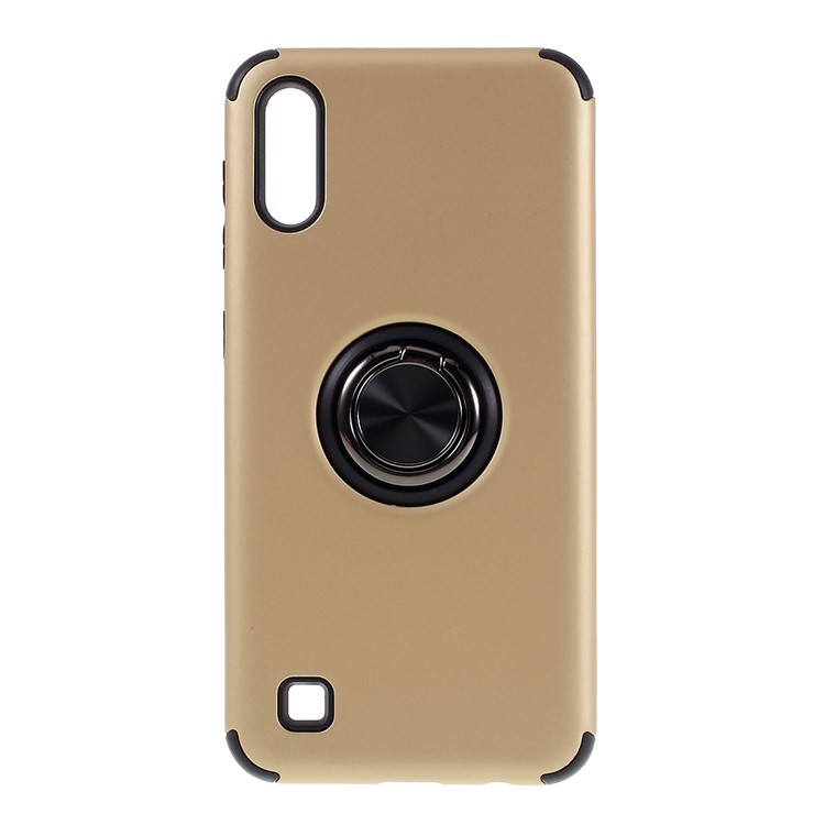 

Finger Ring Kickstand PC + TPU Phone Cover with Magnetic Metal Sheet for Samsung Galaxy A10 - Gold, Galaxy A10