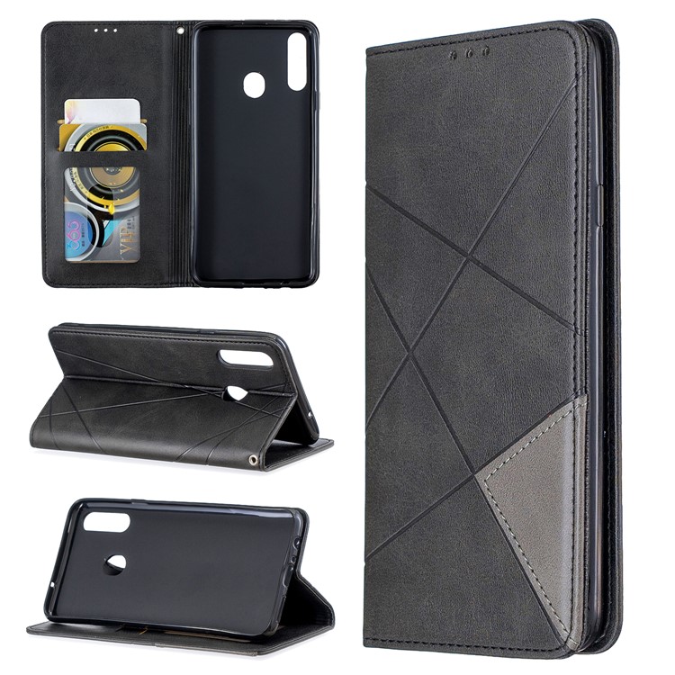 Caja Del Teléfono Titular De La Tarjeta De Cuero Patrón Geométrico Con La Cáscara Del Soporte Para Samsung Galaxy A20S - Negro-1